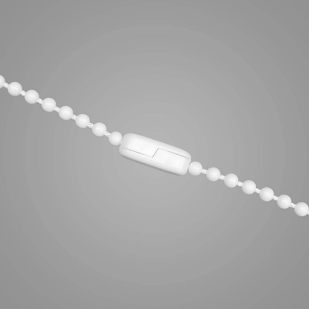 White curtain chain connector on beaded chain links, double-lock close-up