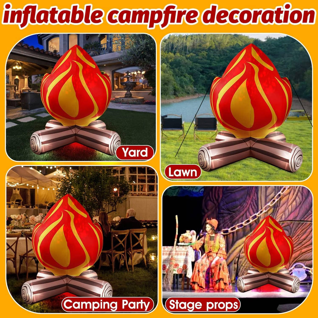 Inflatable campfire decoration for yard and lawn, red flame with brown log base