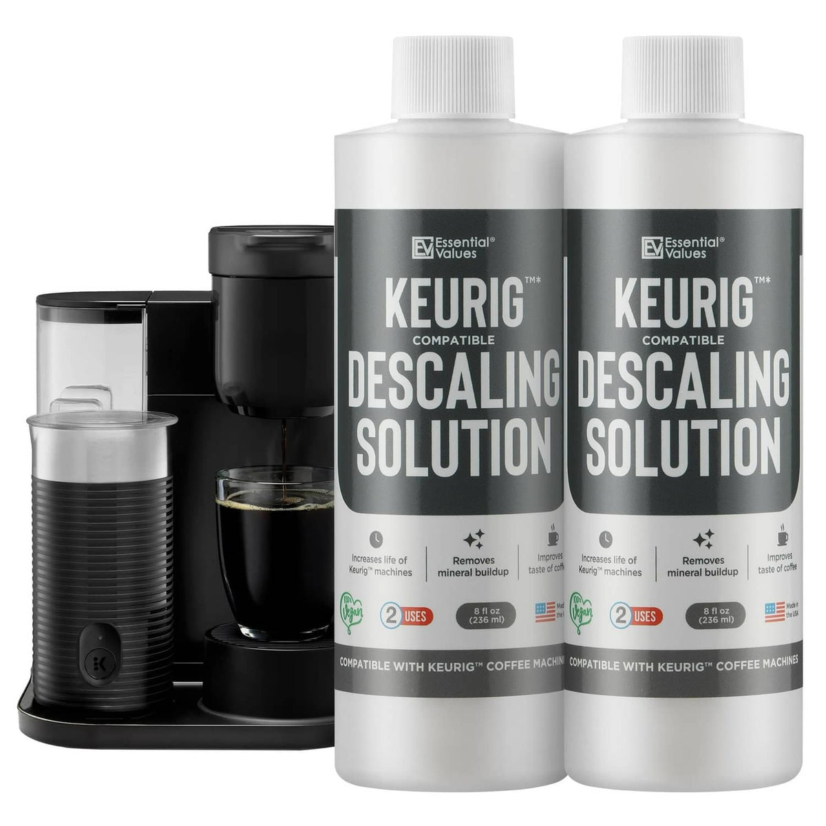 Keurig-compatible descaling solution bottles with coffee brewer in background, pack of 2