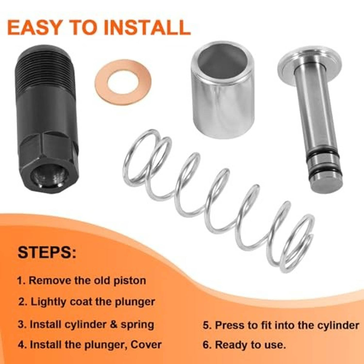 Pump plunger kit components: threaded cylinder, piston plunger, coil spring and gasket