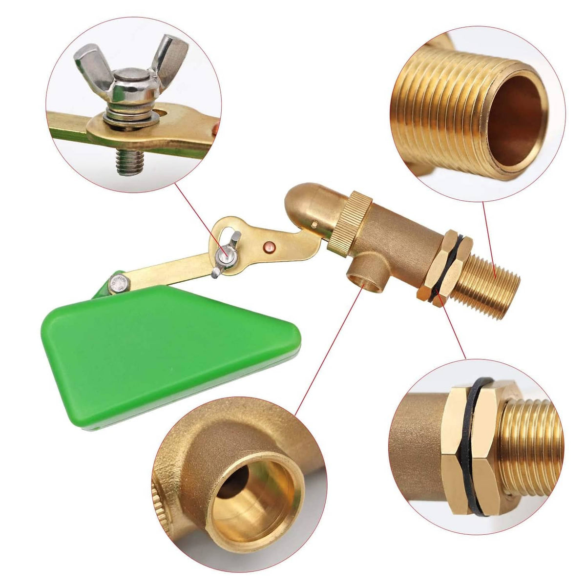 Brass water float valve with green float and detailed top mounting joint