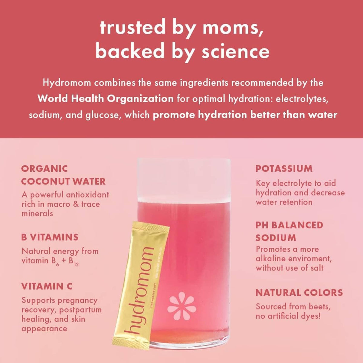 Hydromom hydration energy drink mix stick pack with ingredient theme graphics