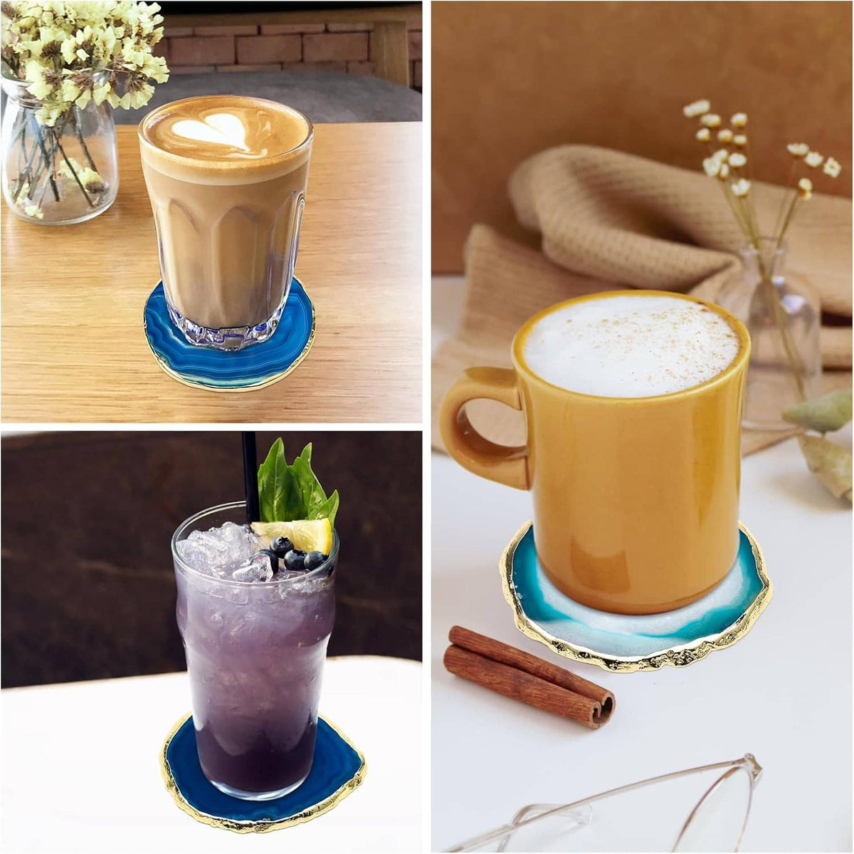 Coasters under two drinks: blue agate coaster with gold rim for a latte and iced drink.
