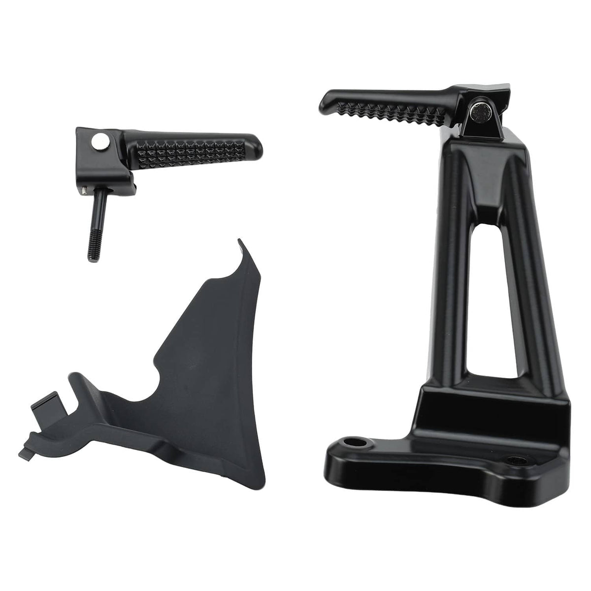 Black passenger footpeg bracket set with two pegs and mounting hardware
