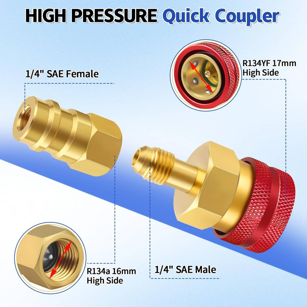 Brass quick coupler fittings with red and blue textured grips and SAE threaded ends