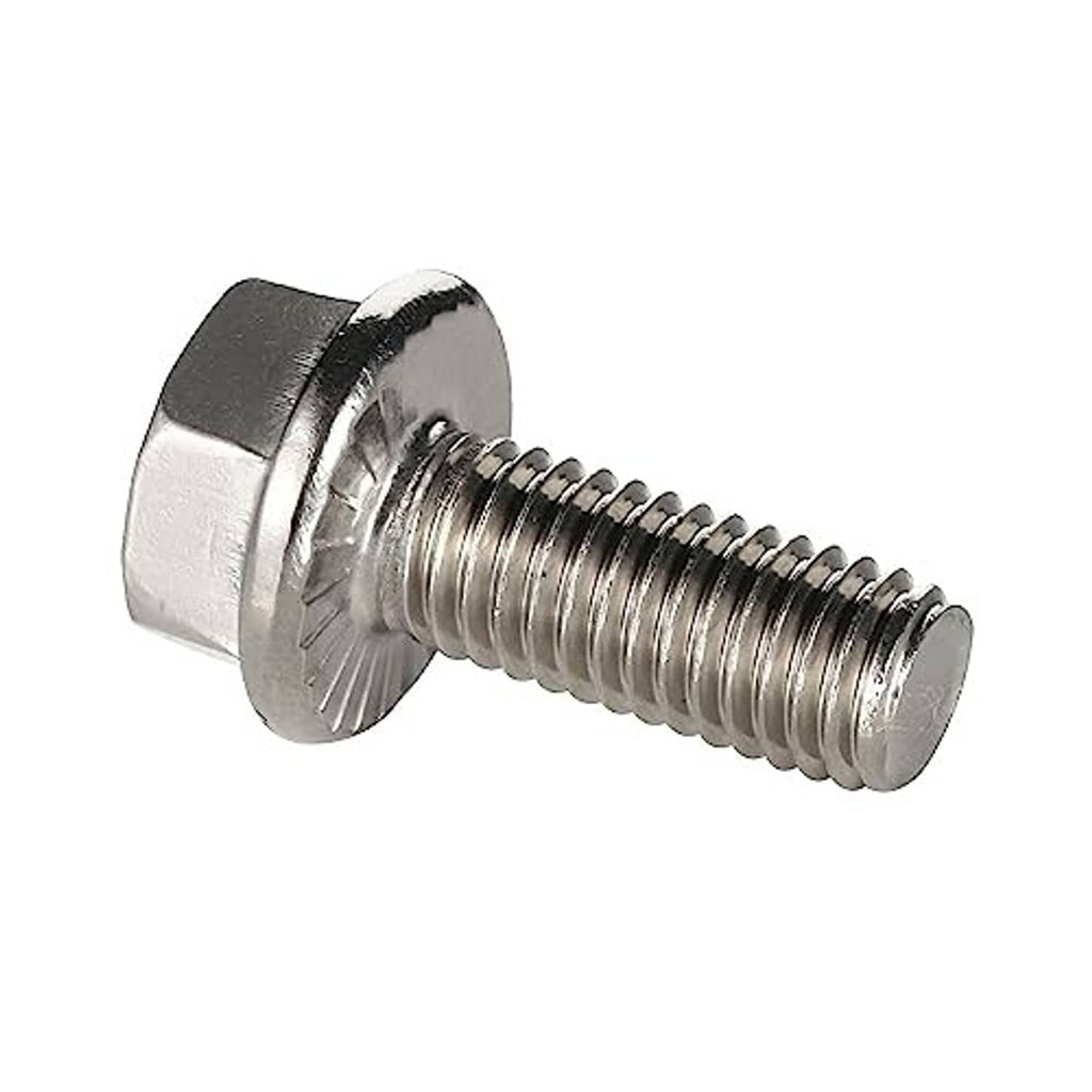 Silver flanged hex head bolt close-up with threaded shaft and flange head