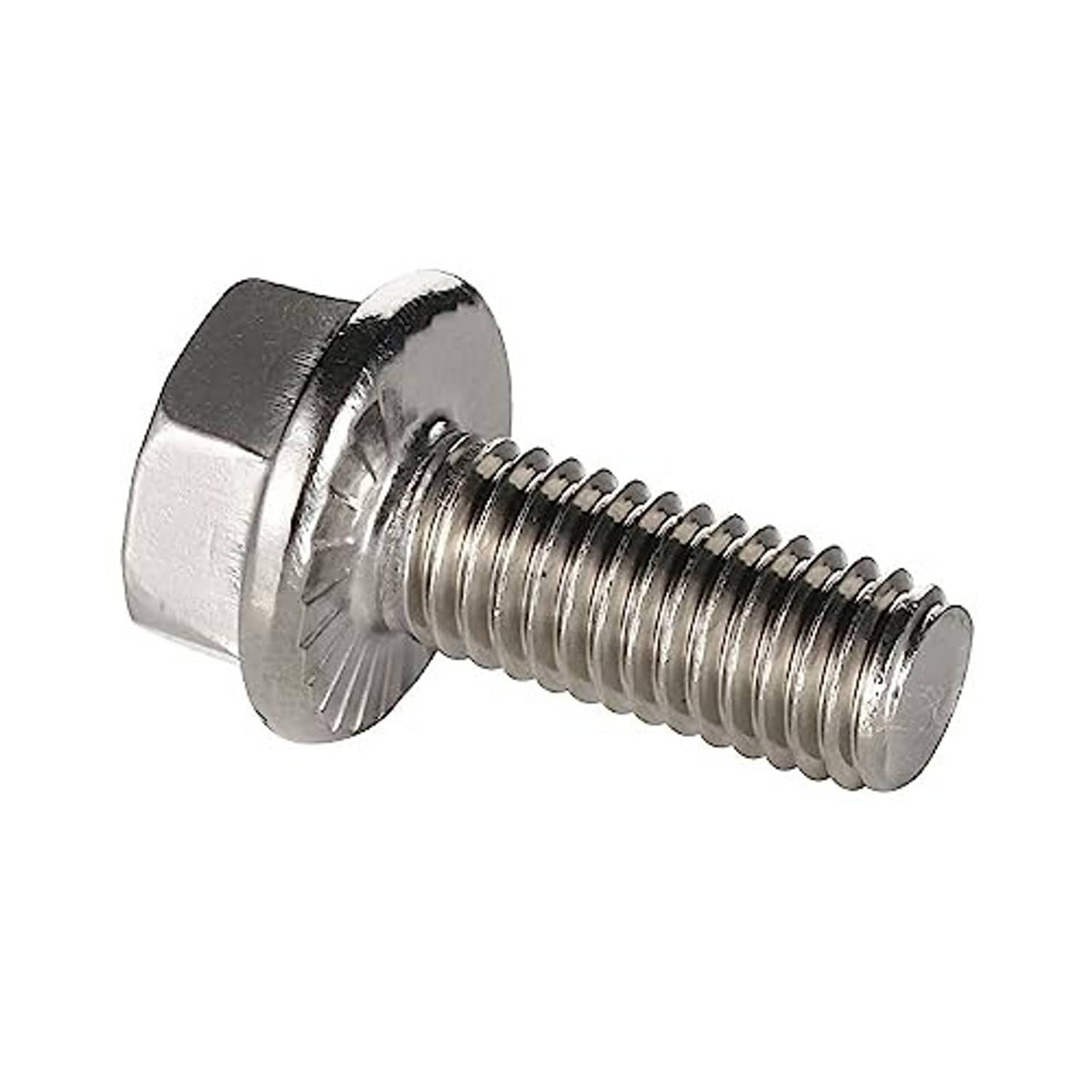 Silver flanged hex head bolt close-up with threaded shaft and flange head