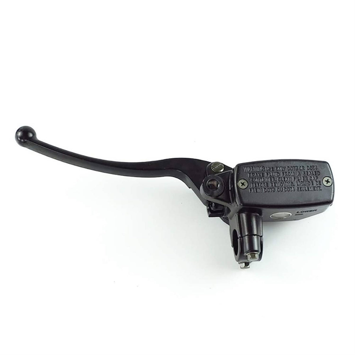 Black motorcycle hydraulic brake master cylinder lever with reservoir and pivot hardware
