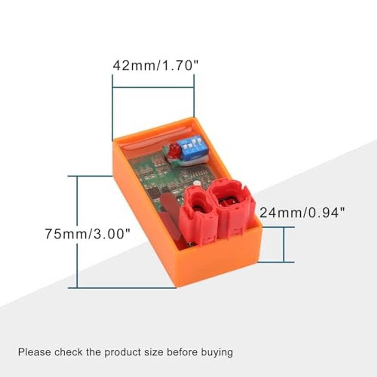 Orange CDI box dimensions view, red terminals at top and green circuit board inside.