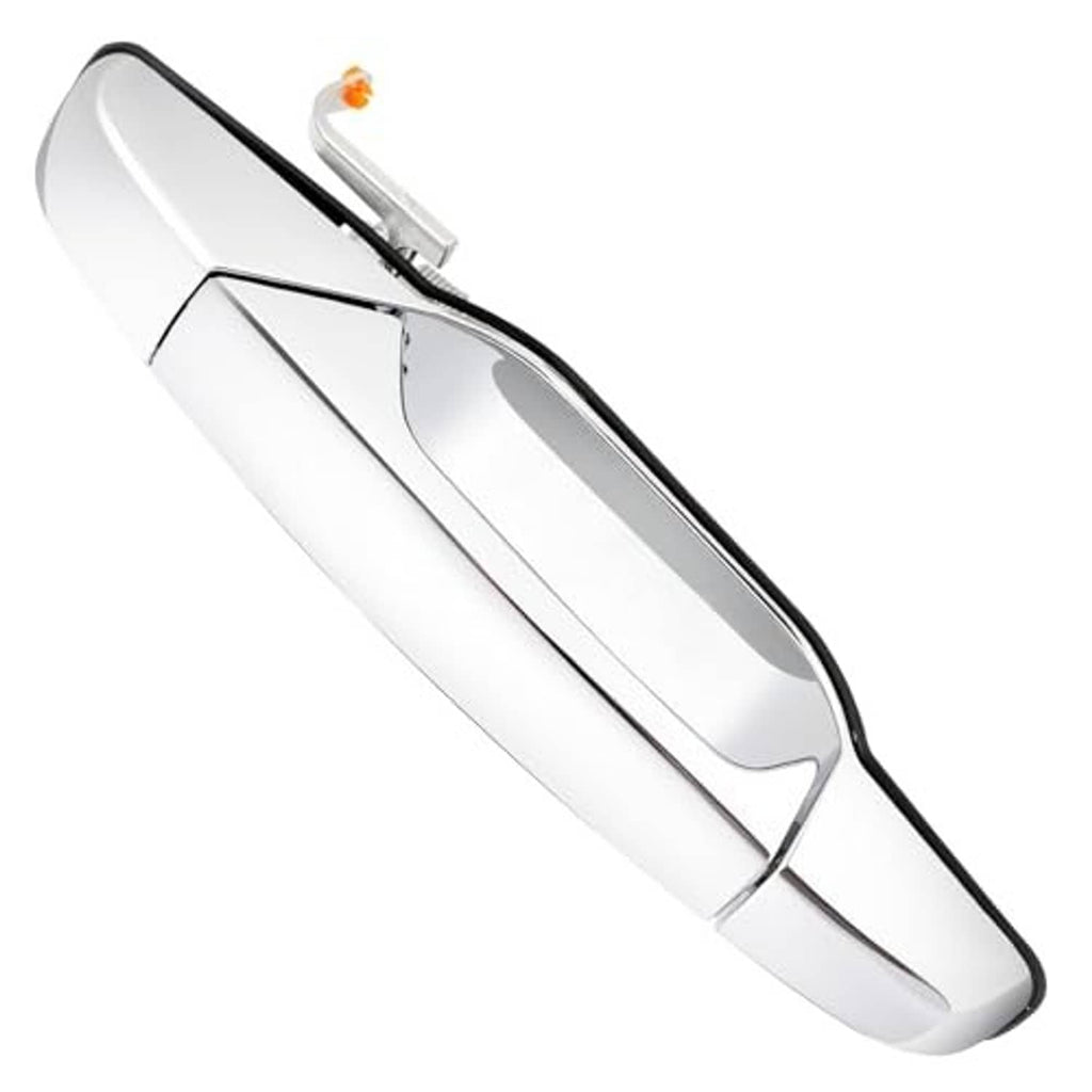 Silver chrome exterior door handle, front right passenger side, smooth oval grip
