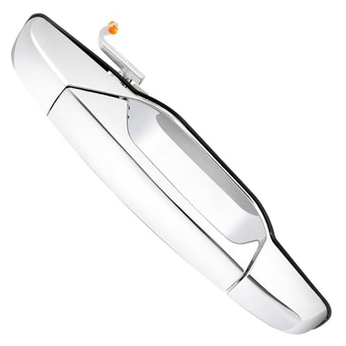 Silver chrome exterior door handle, front right passenger side, smooth oval grip