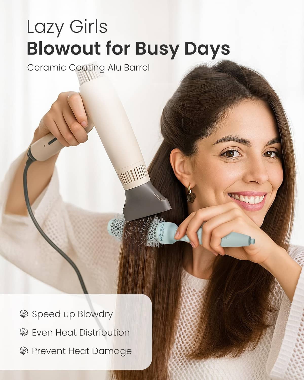 Ceramic-coated round blowout brush with light blue barrel and ergonomic handle