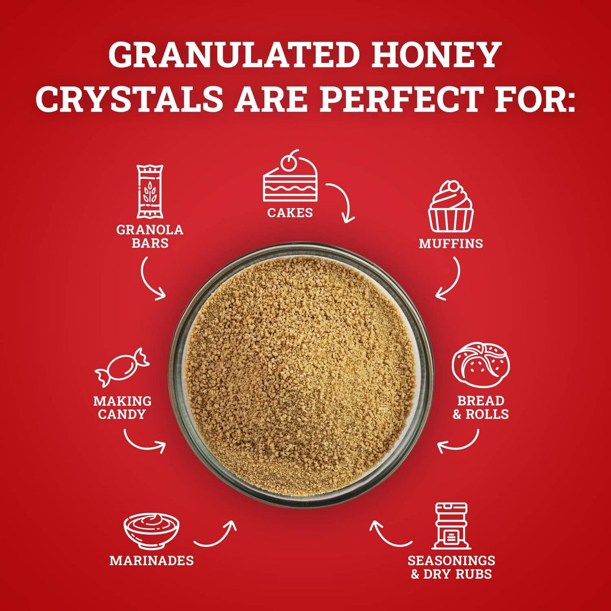 Granulated honey crystals in a bowl with icons for baking and seasonings