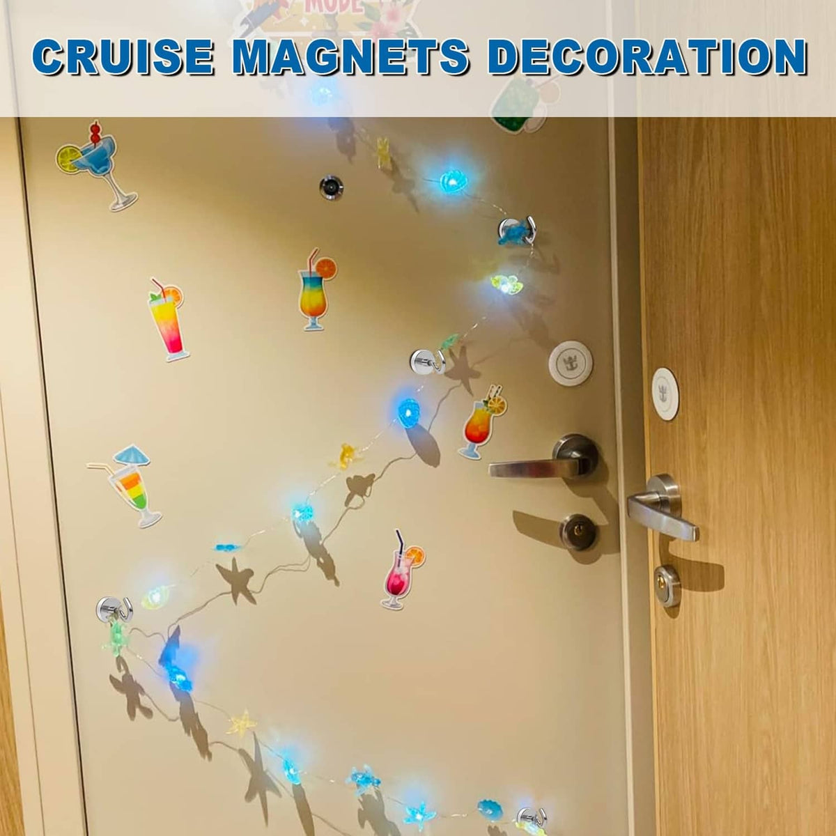 Magnetic hooks holding small decorative charms on a cabin door