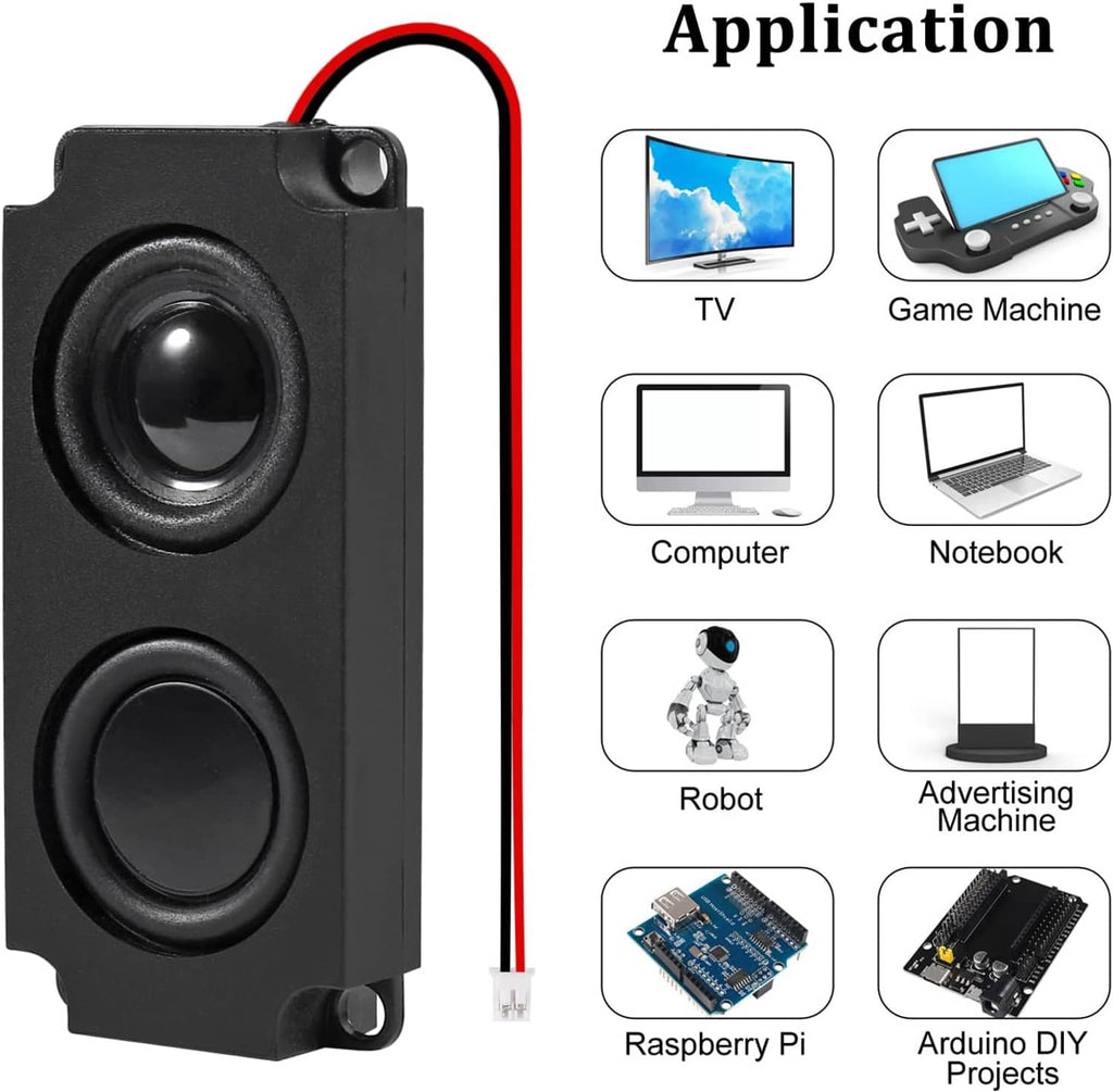 Black dual mini speaker module with red/black wires and application icons