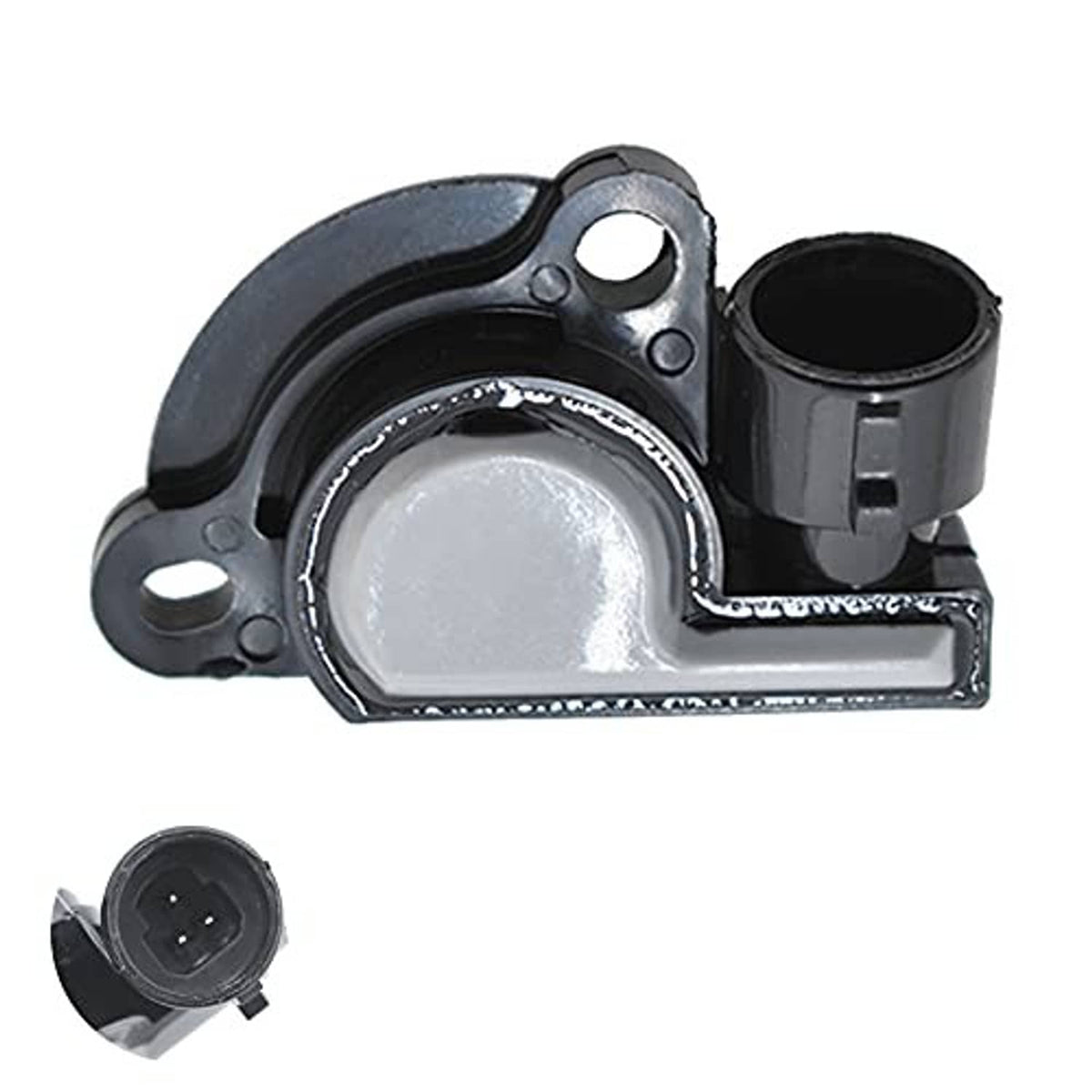 Throttle position sensor, black and gray housing with mounted gray metal part and connector