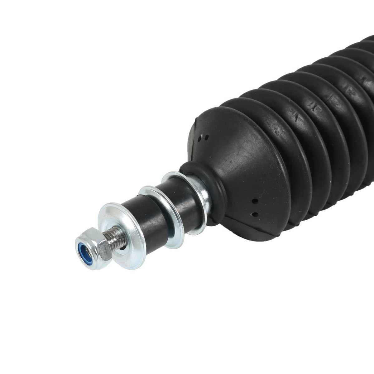 Rear shock absorber end bushing with black rubber cover and silver metal hardware