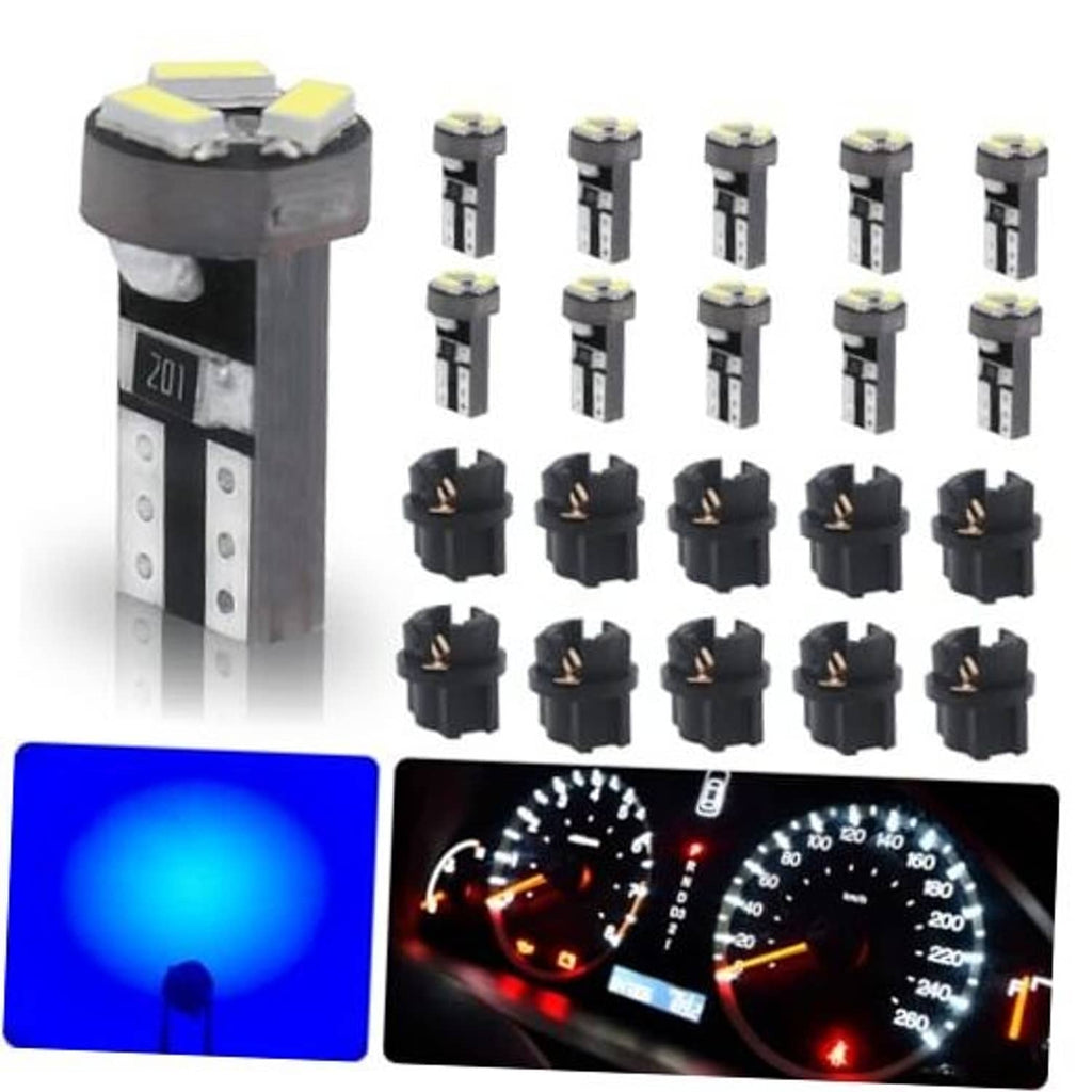 Blue T5 LED bulb set with wedge bases, shown with blue gauge cluster glow