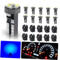 Blue T5 LED bulb set with wedge bases, shown with blue gauge cluster glow