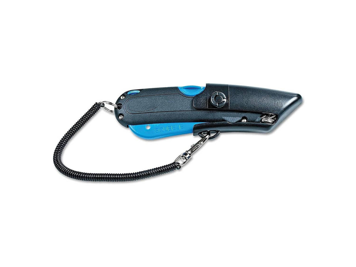 Box cutter knife with blue slide, blade shield, and hanging lanyard chain.