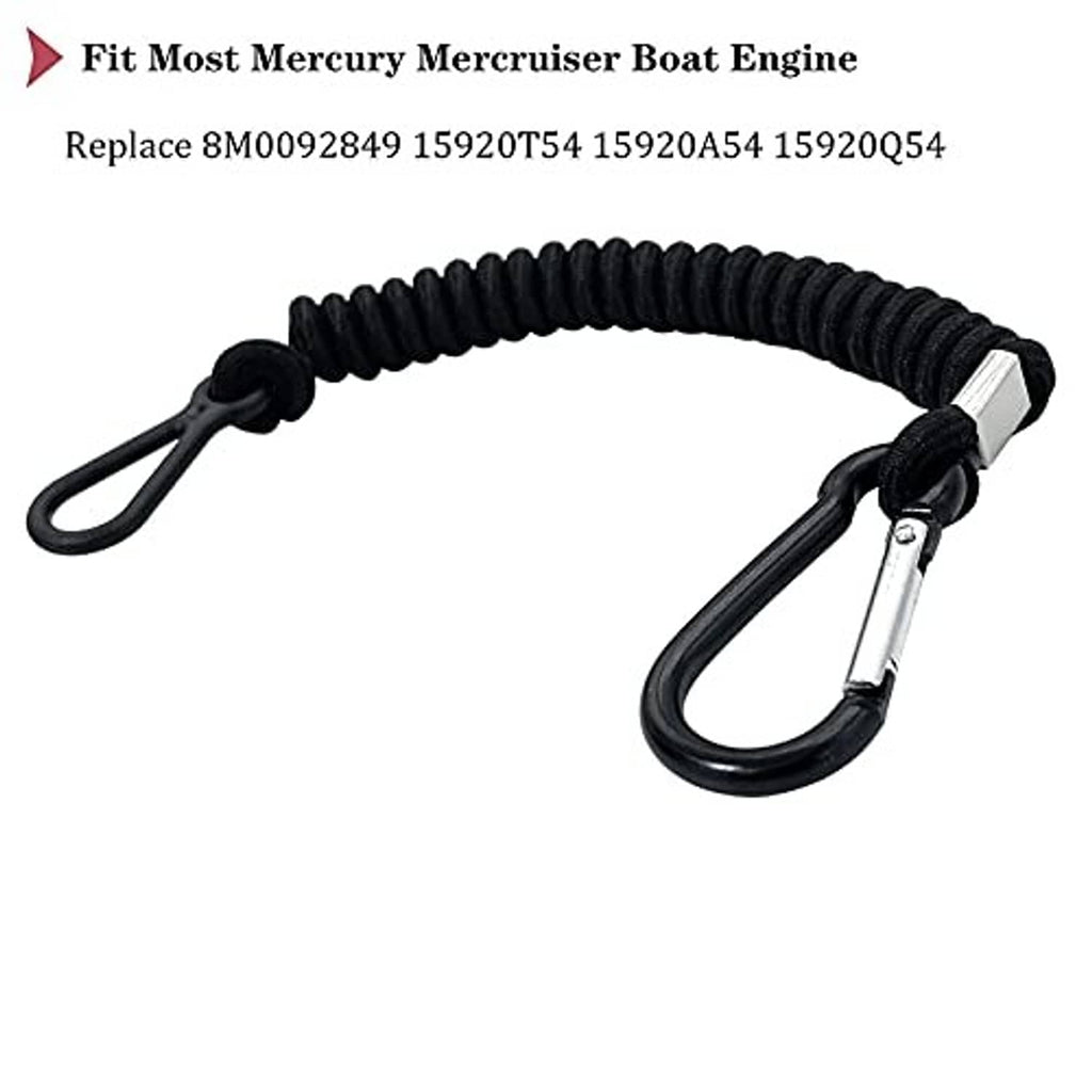 Black coiled emergency stop lanyard cord with metal connectors and hanging clips.