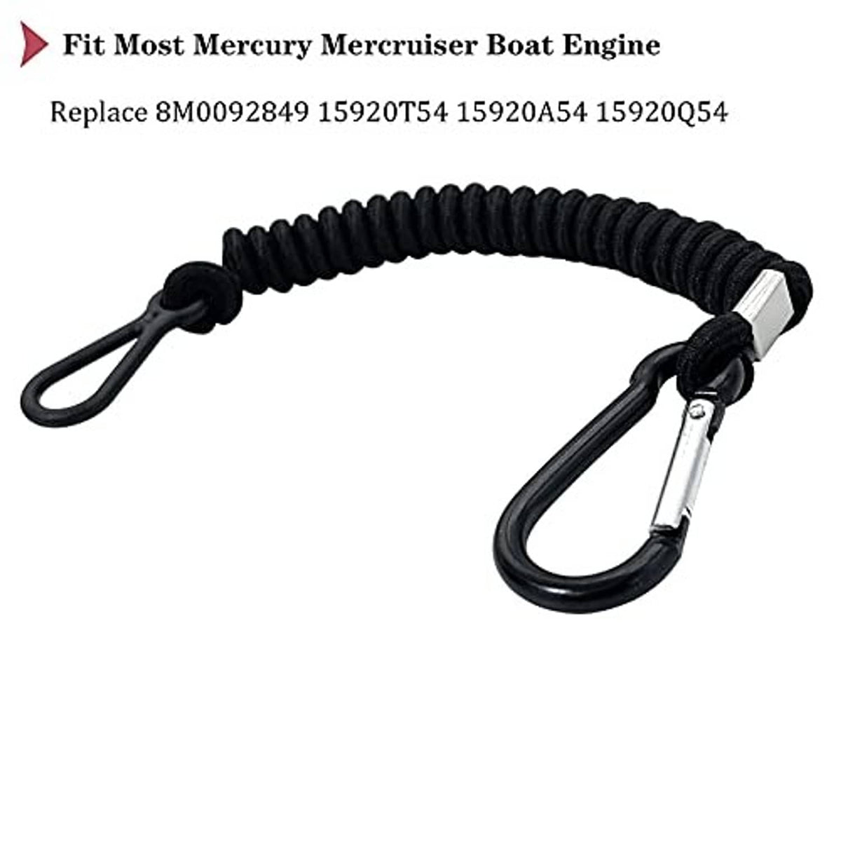 Black coiled emergency stop lanyard cord with metal connectors and hanging clips.