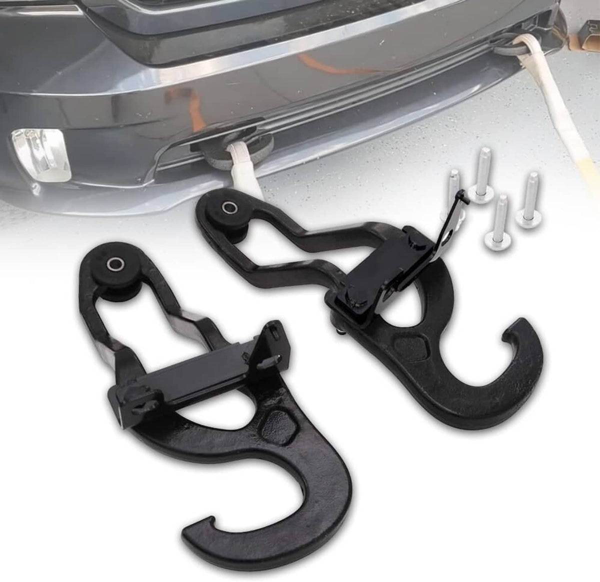 Black front tow hook bracket set with U-shaped hooks and mounting bolts