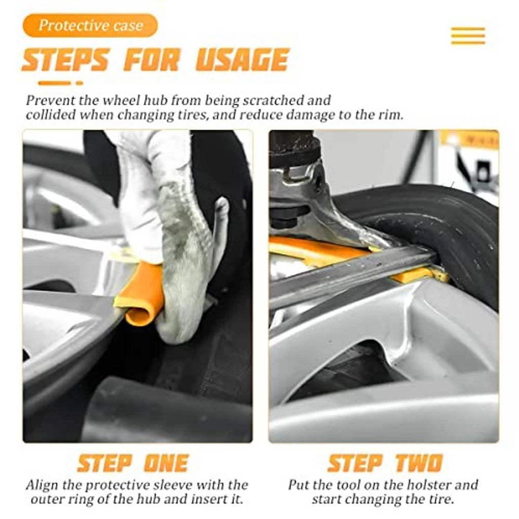 Protective rim sleeve guides for tire changing, shown on car wheel