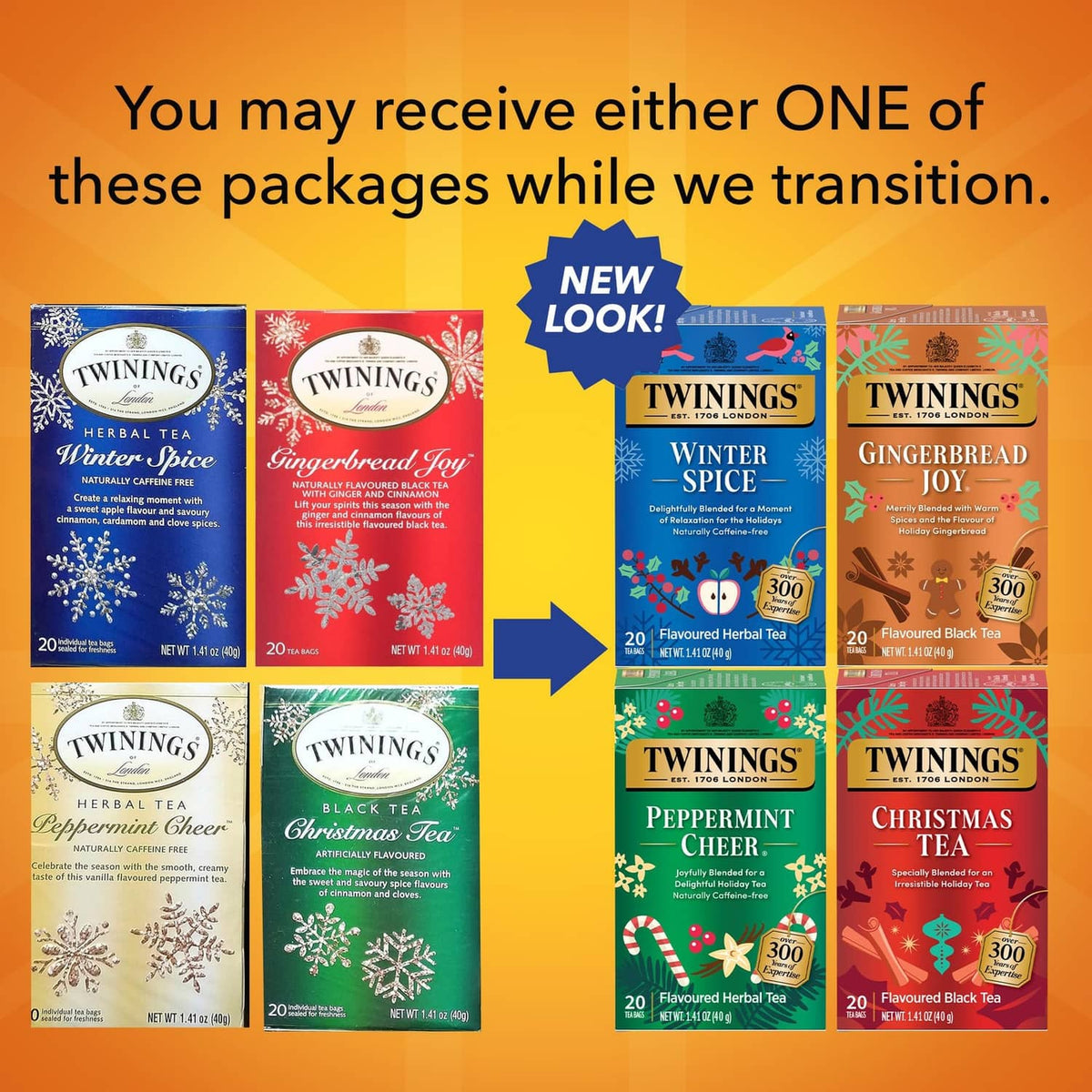 Assorted holiday tea bag boxes arranged in a grid: Winter Spice, Gingerbread Joy, Peppermint Cheer