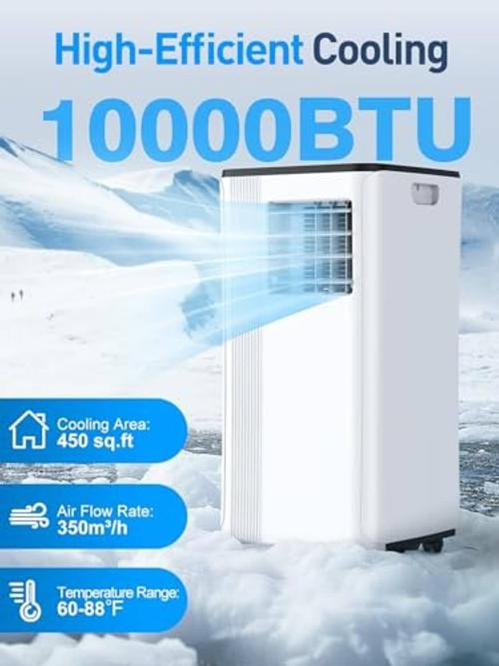 White portable air conditioner unit with side air outlet and cooling airflow graphics