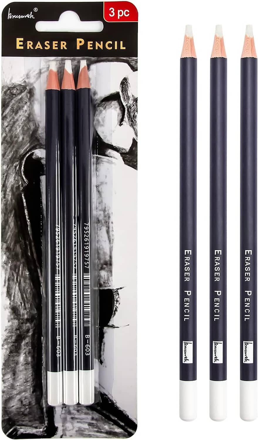 3-piece eraser pencil set in blister pack, three black barrels with white tips