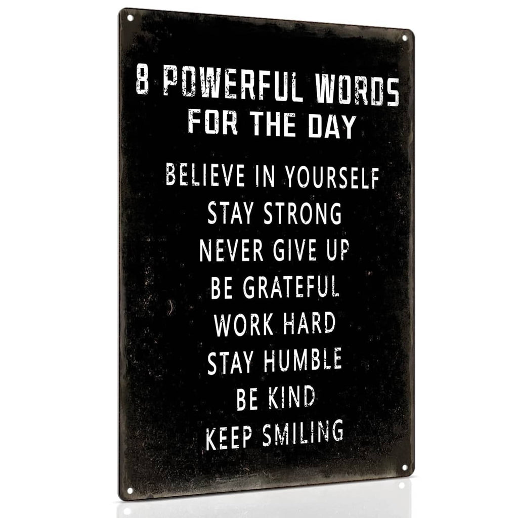 Black metal wall sign with 8 motivational words and uplifting phrases