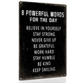 Black metal wall sign with 8 motivational words and uplifting phrases