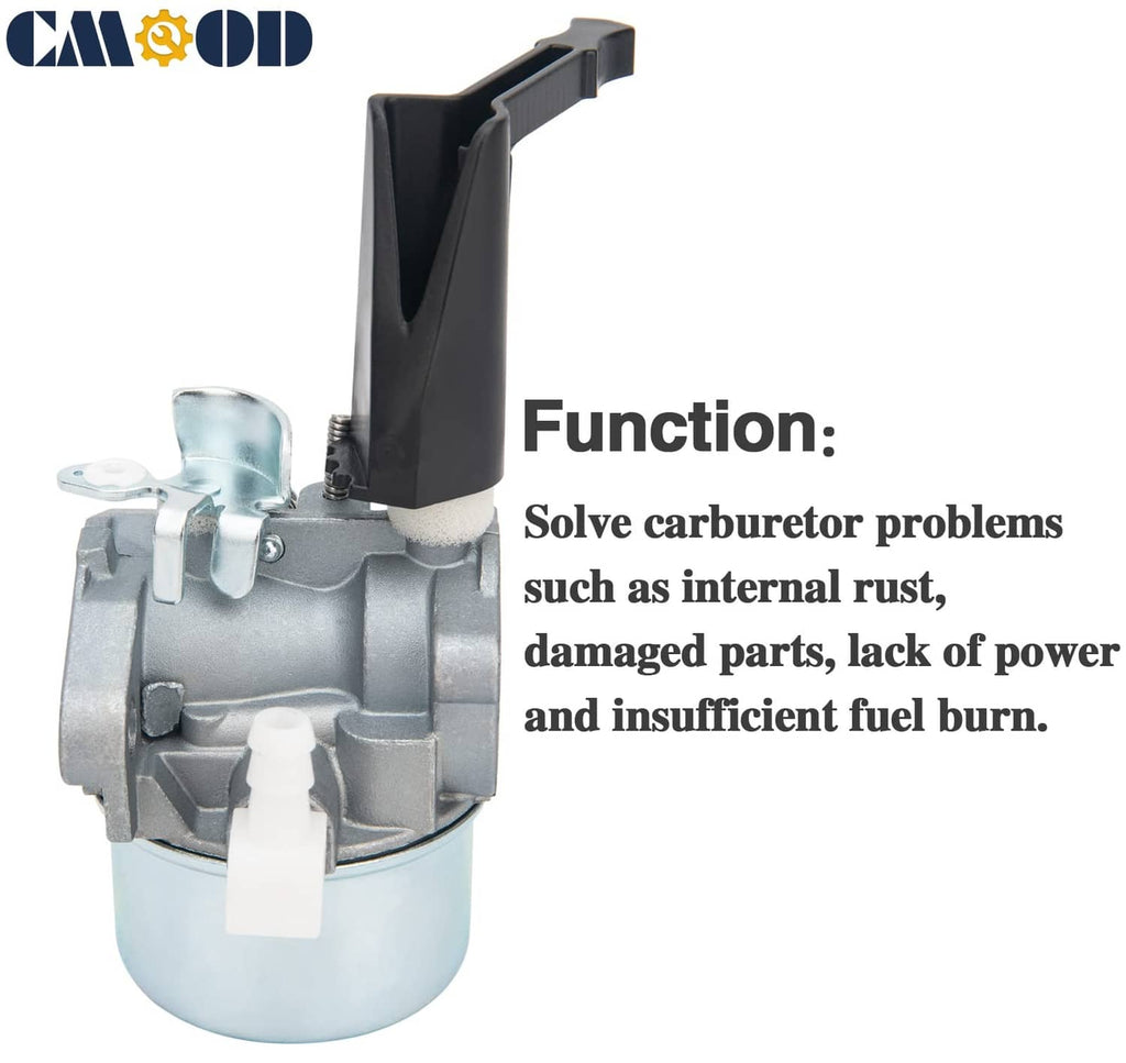 Carburetor with black choke lever and fuel inlet ports on metal body