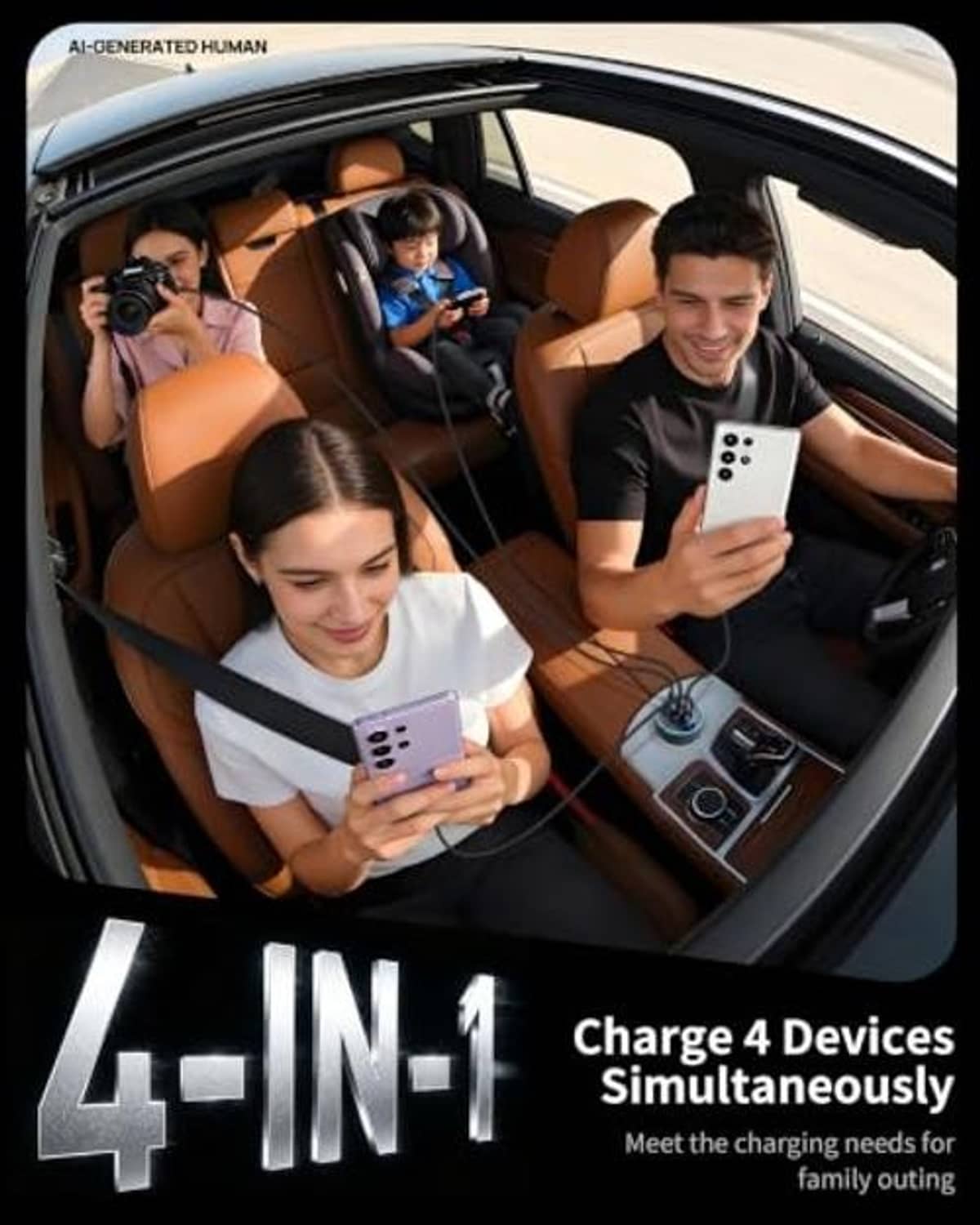 Car charging hub used by people inside a car, with four devices charged simultaneously