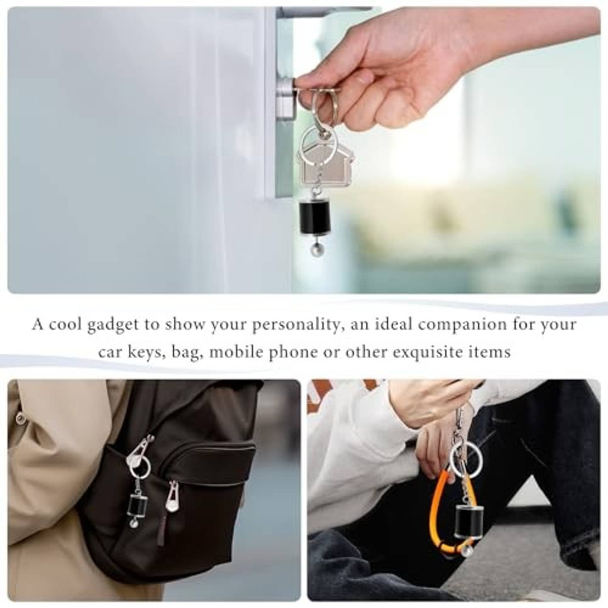 Six-speed gearbox keychain with black fob and keys, shown on a door and bag