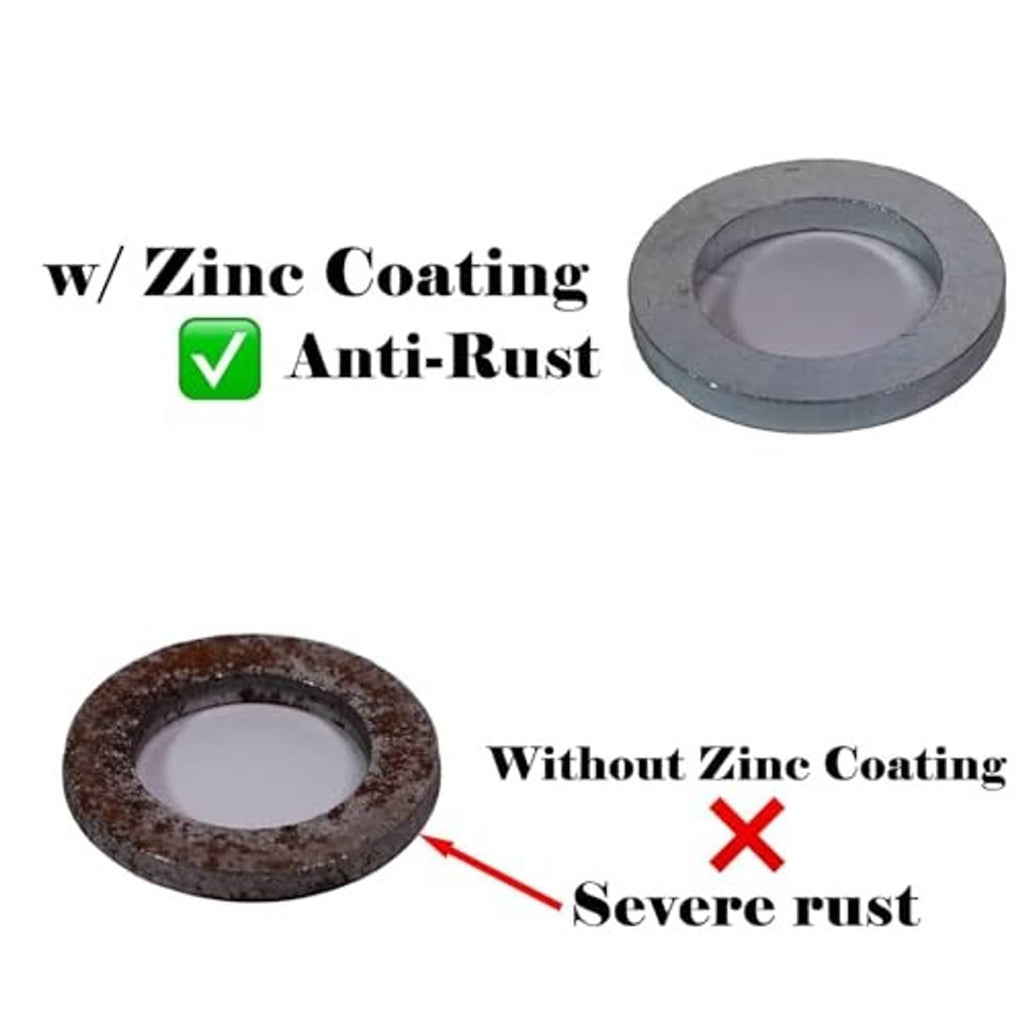 Zinc-coated metal spacer washer for anti-rust protection, round flat design.