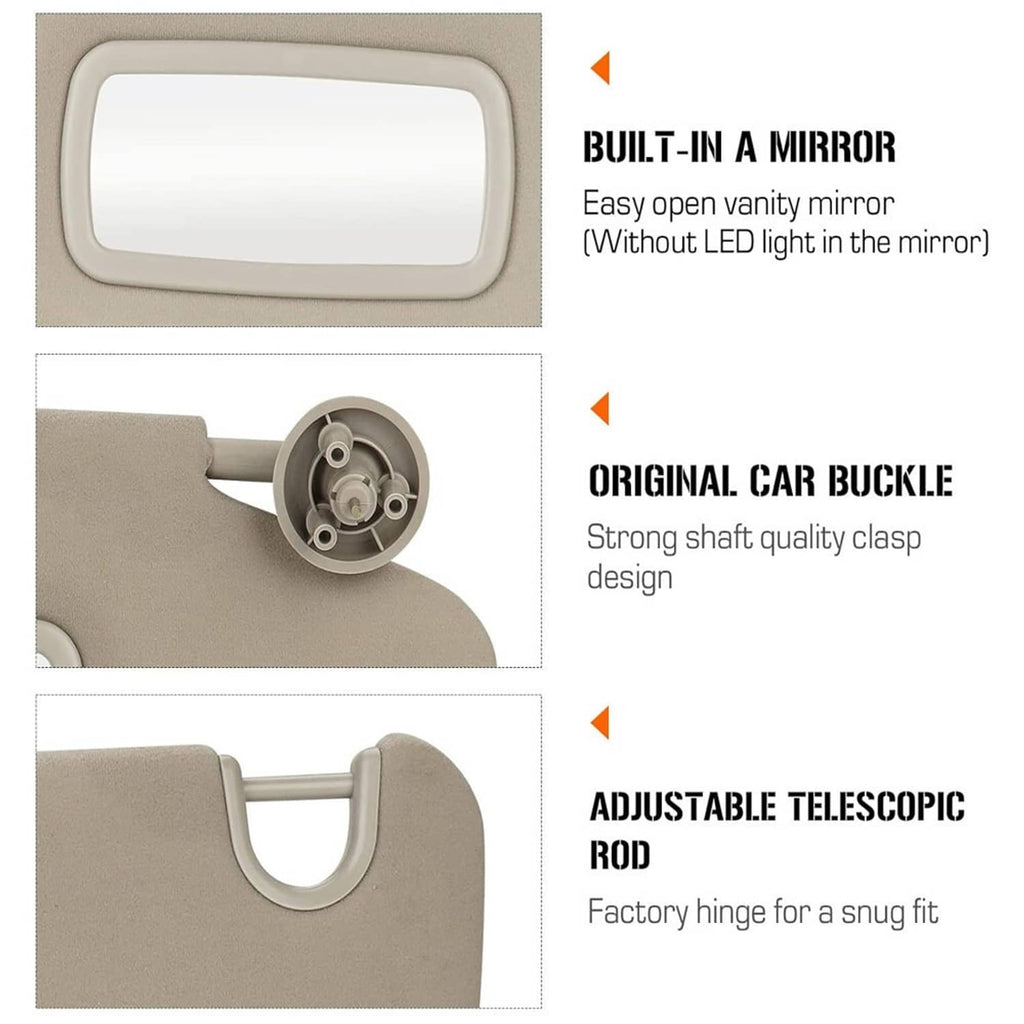 Beige sun visor with built-in vanity mirror frame and adjustable rod mount