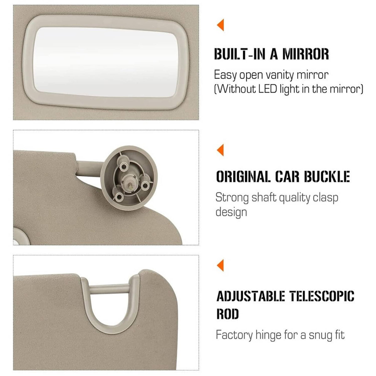 Beige sun visor with built-in vanity mirror frame and adjustable rod mount
