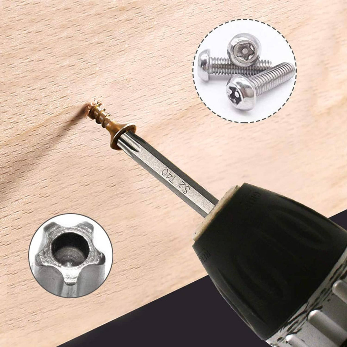 Security Torx bit holding a screw on wood, 5-point star head