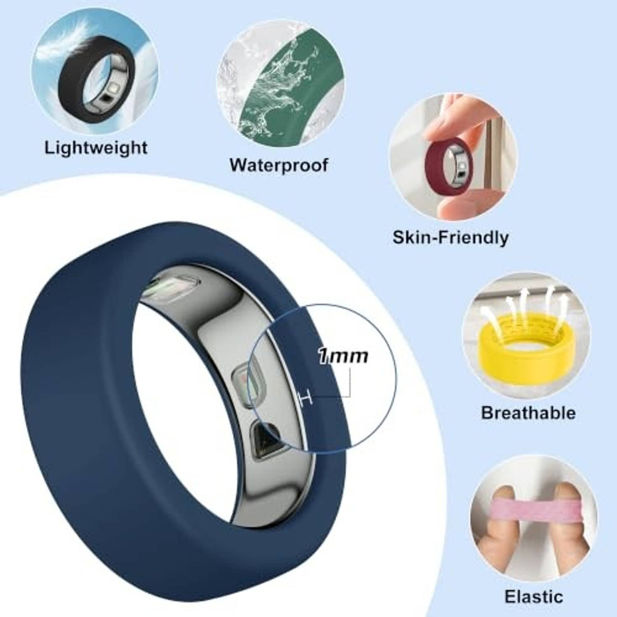 Oura Ring 5 silicone cover in dark blue, lightweight waterproof breathable design