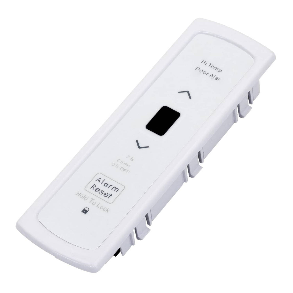 White freezer electronic control panel with display and Alarm Reset button