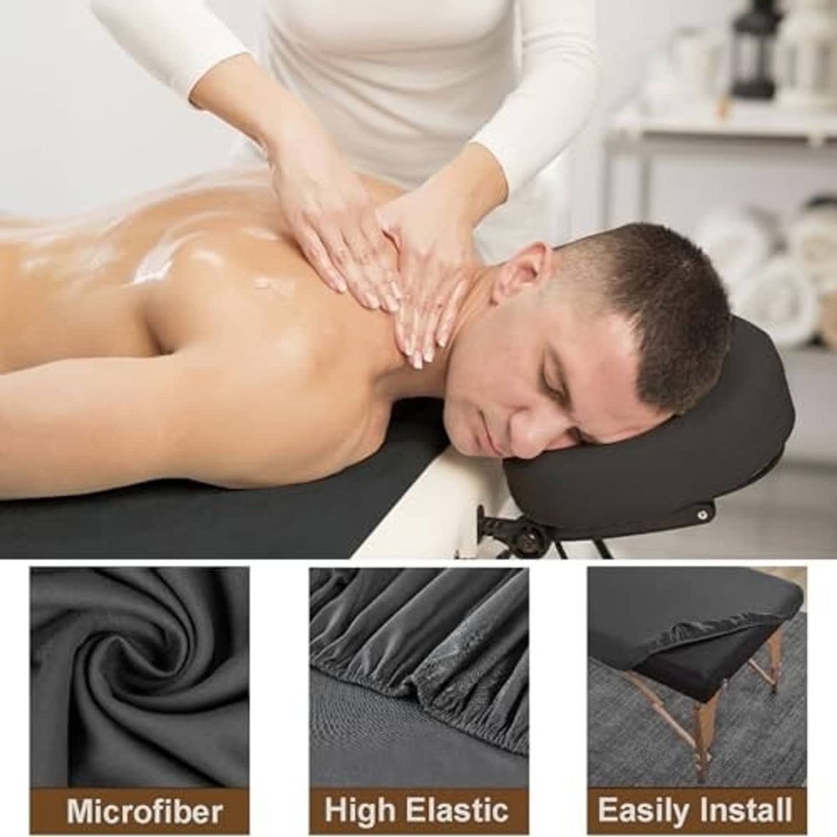 Dark gray massage table sheet and headrest cover used for professional bodywork