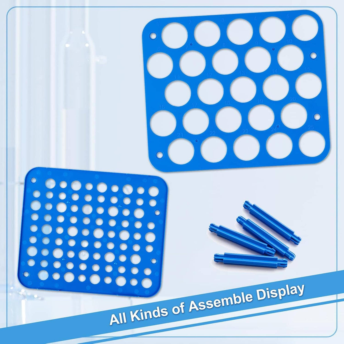 Blue 25-well centrifuge tube rack display with matching base and tray openings