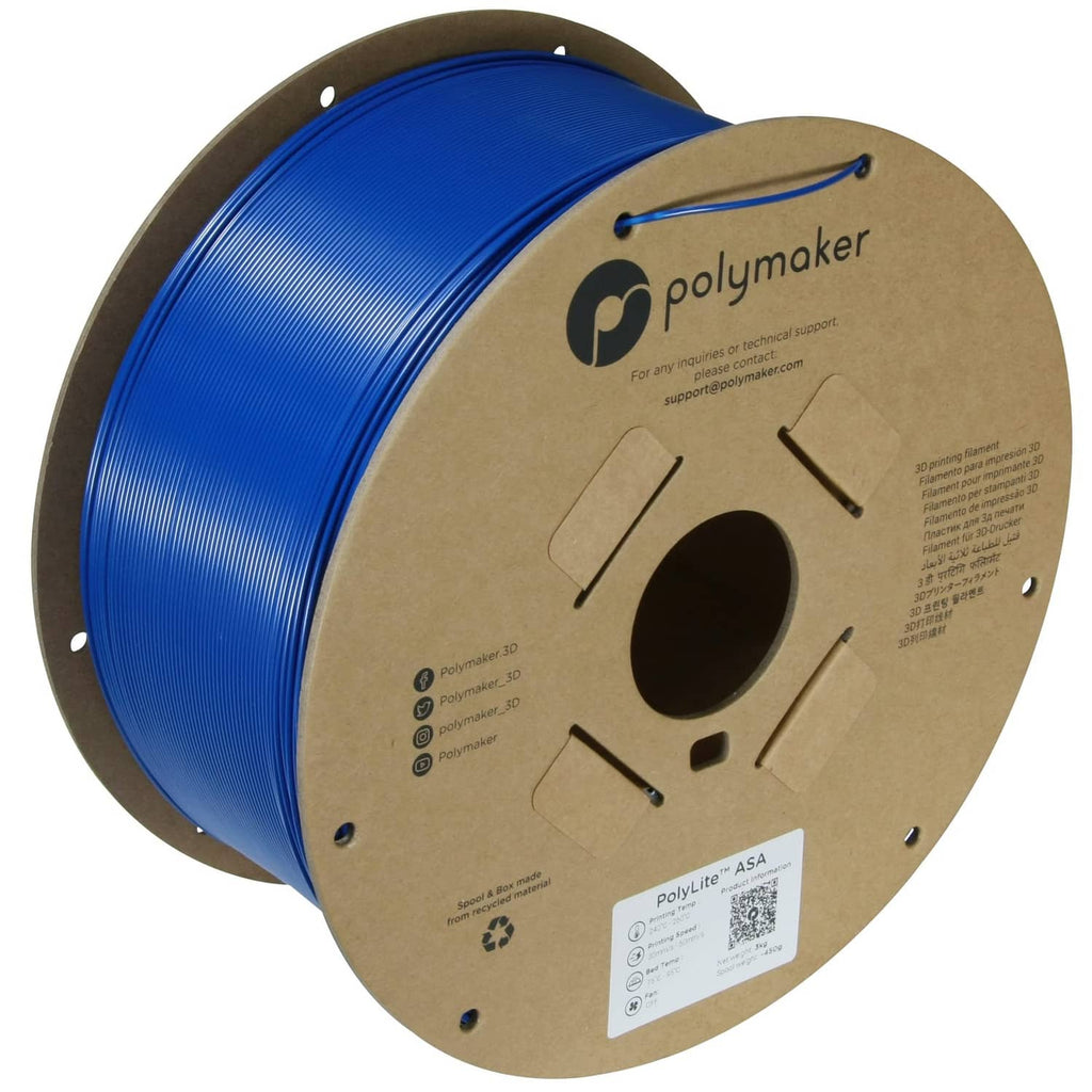 Blue Polymaker ASA 1.75mm filament spool on cardboard reel with blue filament wound