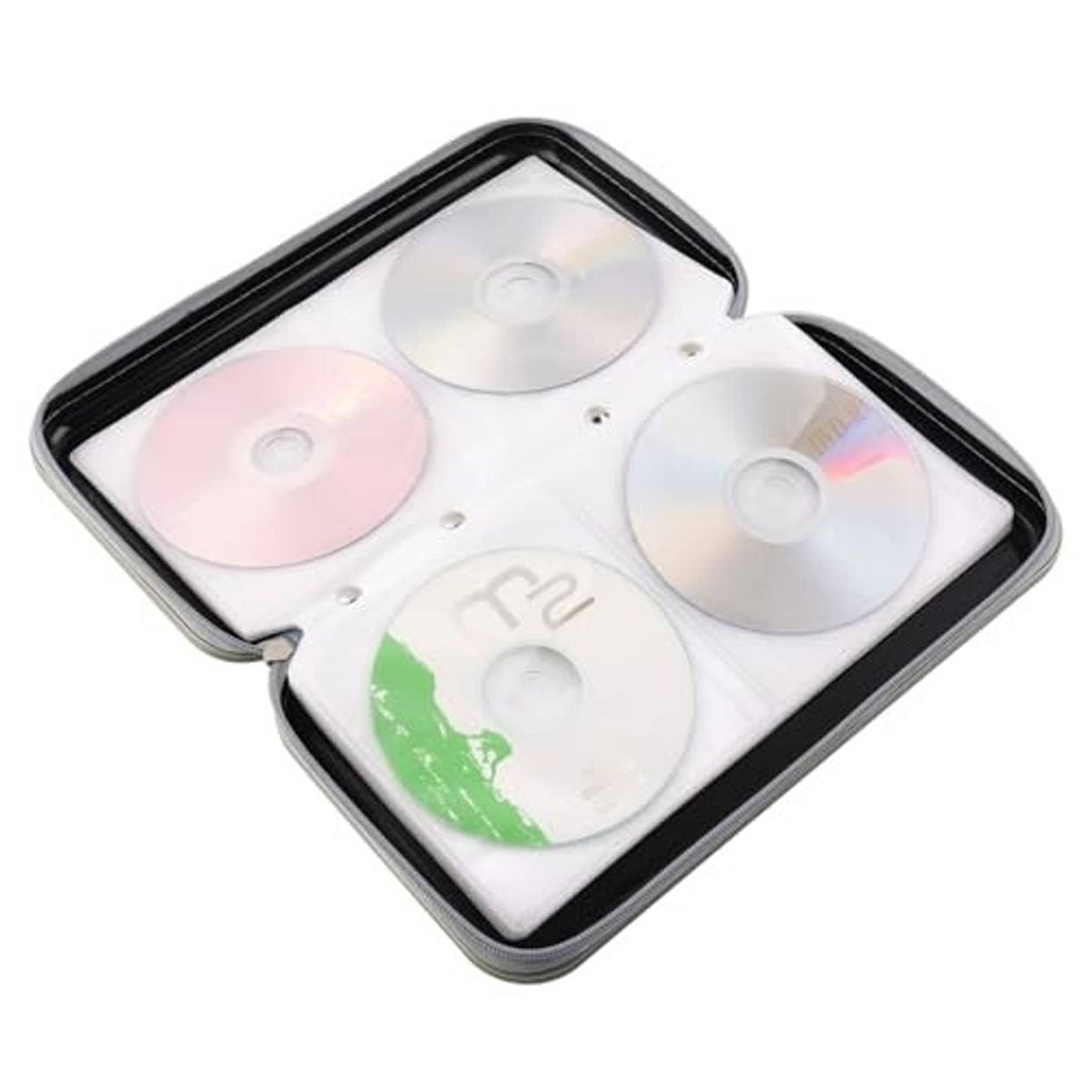 Black CD/DVD case wallet holding multiple discs in clear inner pockets