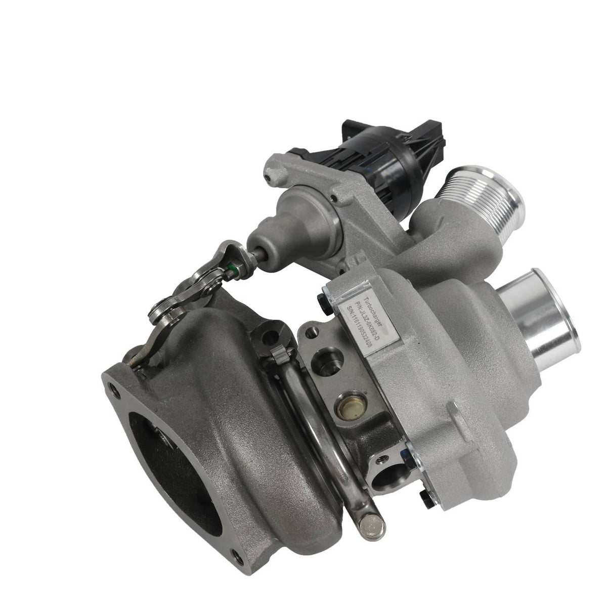 Turbocharger with metal housing and wiring connector, includes exhaust and intake flanges