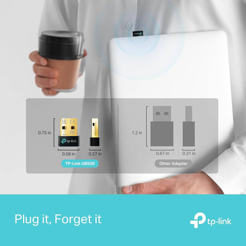 USB Bluetooth adapter comparison graphic showing adapter size and tp-link logo