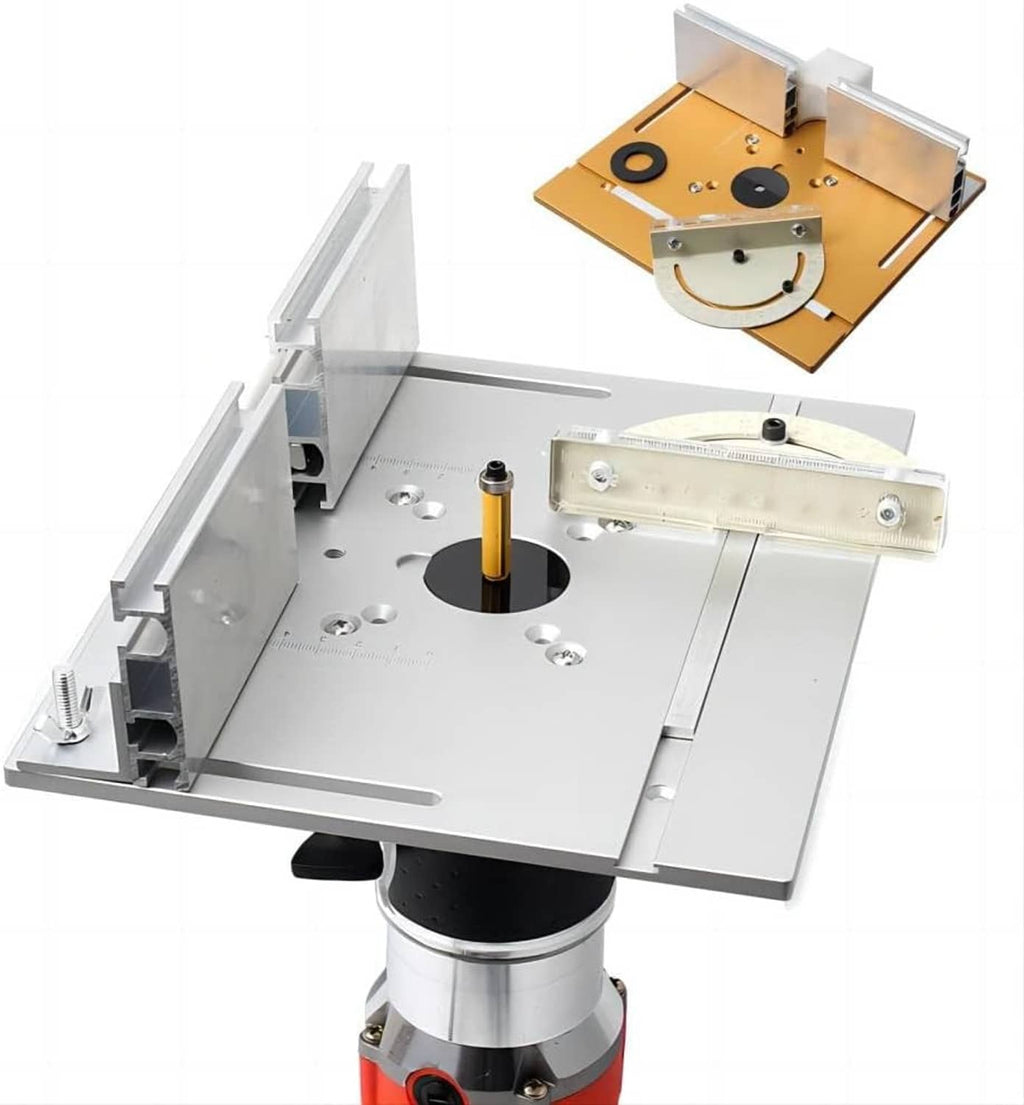 Aluminum router table insert plate with fence, round center hole, and height scale