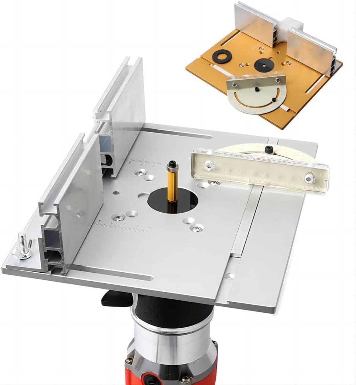 Aluminum router table insert plate with fence, round center hole, and height scale